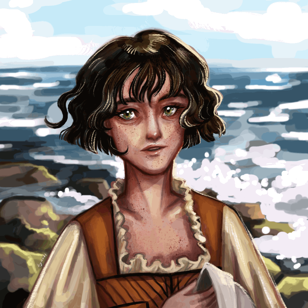 A young woman with short black hair and a dreamy expression stands on a rocky cliffside. She wears a bodice and holds a cap while wind blows over her. Art by @agustafirulla